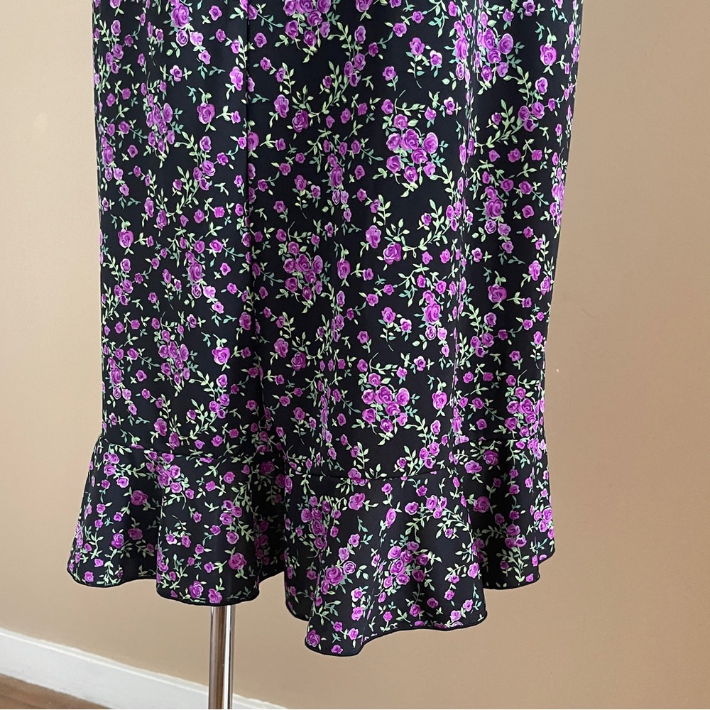 Connected Apparel Size 12 Blue Floral Midi Dress Deep V Ruffle Slit Feminine - Picture 8 of 15